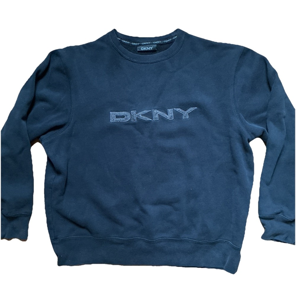 Vintage Y2k DKNY Sweatshirt Adult L-XL Black Embroidered Spell Out Logo Crewneck